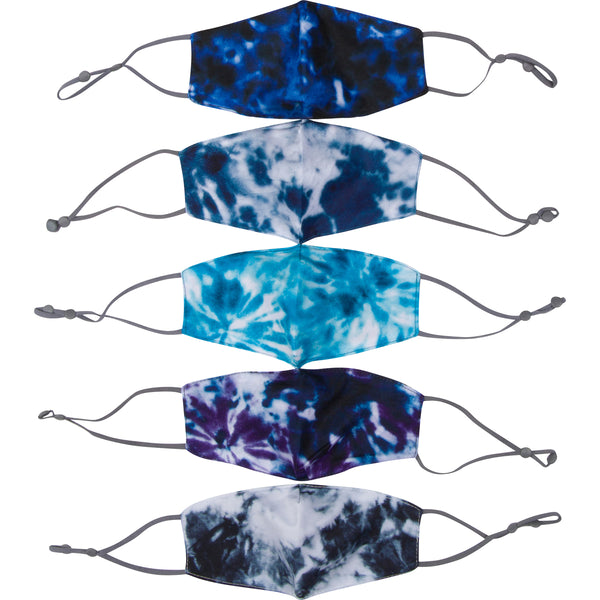 Protective Facial Covering for Kids - 5 Pack Dual Layer Cotton Fabric with Wire Nose Bridge for a Sealed Fit, Washable and Reusable, Adjustable Ear Loops and Contoured Design for a Comfortable Fit - Tie Dye